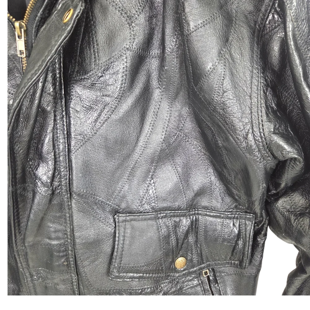 Vintage Patchwork Leather Bomber Jacker Mens Large Black 90s Heavyweight